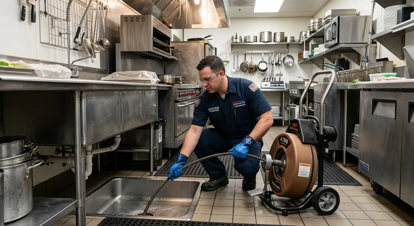 Commercial drain cleaning service in a restaurant kitchen in Baxter Village