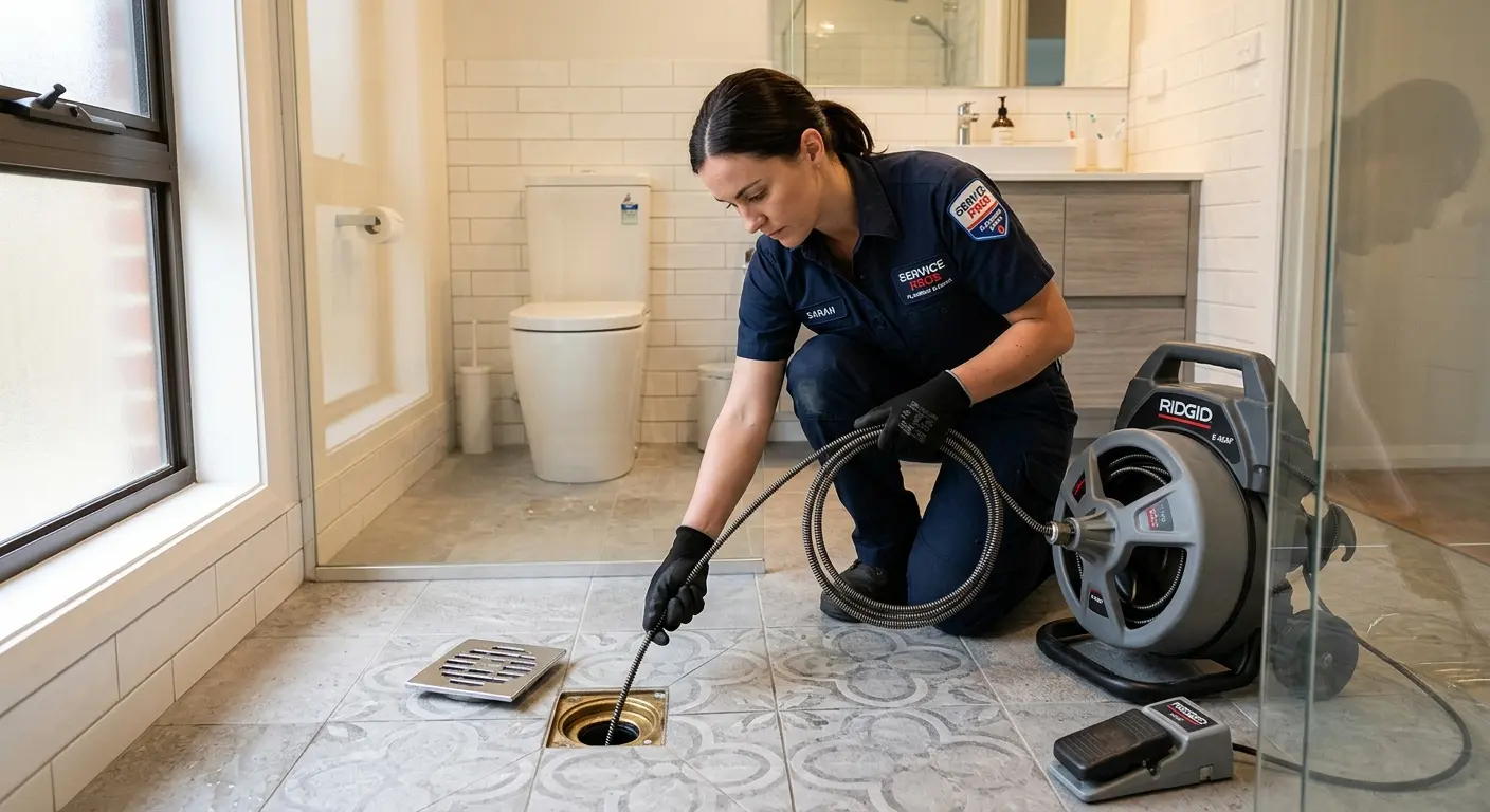 Technician clearing a bathroom floor drain for Clogged Drain Repair in Baxter Village